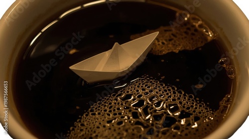 Delicate paper boat floats on coffee surface with bubbles in a mug