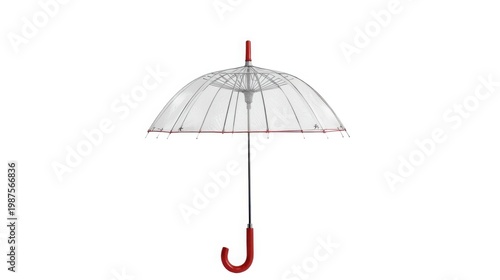 Delicate white transparent umbrella with red handle and tip on a plain white background