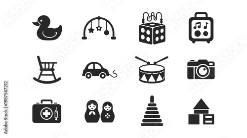 a collection of black and white icons featuring various baby and child related objects, including toys, vehicles, and nursery items, on a white background