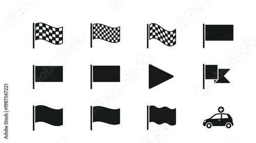 A set of black flag icons and a taxi cab symbol on a white background, useful for design, navigation, and transportation concepts in marketing, advertising, and educational materials.