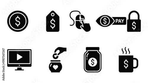 a collection of black icons representing money, payment, and finance on a clean white background, useful for marketing, advertising, and business concepts