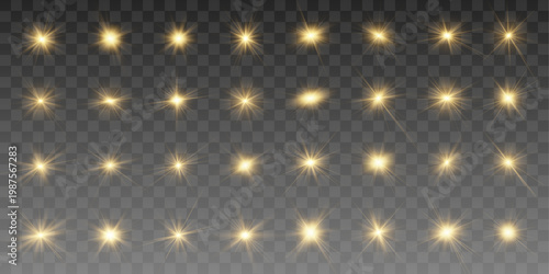 Set of golden stars shines on transparent background. Sparkling particles create festive glowing effect. Vector star collection for design projects.