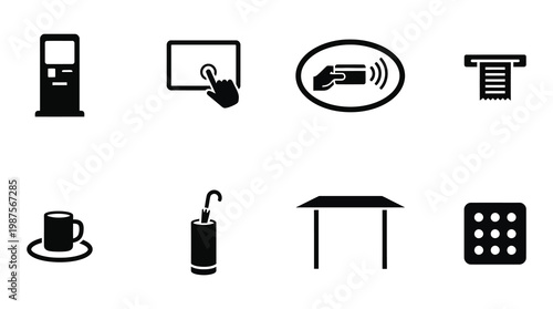 a collection of black and white icons representing various aspects of business and daily life, including technology, food, and shelter