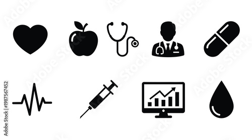 A collection of black and white vector icons representing various aspects of healthcare, medicine, and wellness. Ideal for medical websites, health apps, and informational graphics.