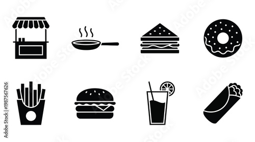 A graphic collection of popular fast food icons presented in a clean, modern black and white style. Ideal for menus, apps, or advertising related to food services and casual dining.