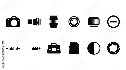 A collection of black silhouette icons representing various photography equipment and concepts, ideal for websites, apps, or creative projects related to photography and imaging.