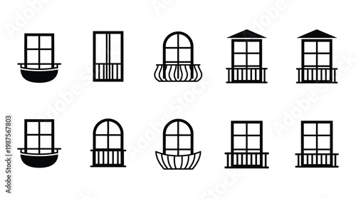 a collection of black and white icons featuring various window and balcony designs on a white background, suitable for architectural or design concepts