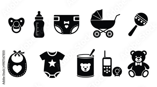 A collection of black and white icons related to babies and infants, including various baby care items and toys on a white background, useful for design, parenting, and childcare concepts.