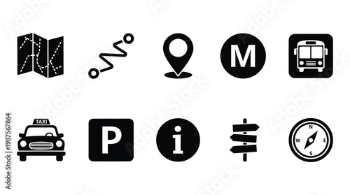 a set of black and white icons representing various navigation and transportation symbols, including a map, location pin, bus, taxi, and clock, useful for design and infographic projects