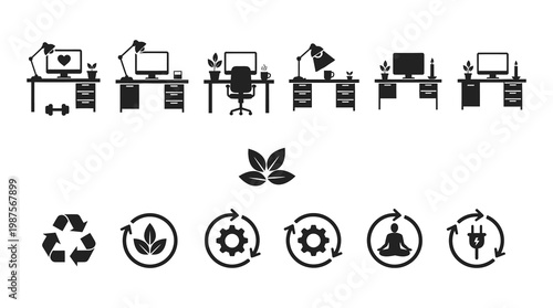 A collection of eco-friendly office icons and sustainable business symbols, representing a green workplace with recycling, renewable energy, and environmentally responsible practices.