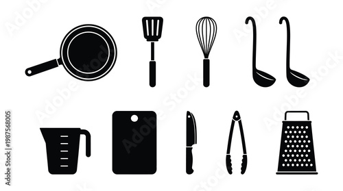 A collection of black kitchen utensils and tools icons on a white background, including a frying pan, measuring cup, cutting board, and more, useful for cooking and recipe illustrations.