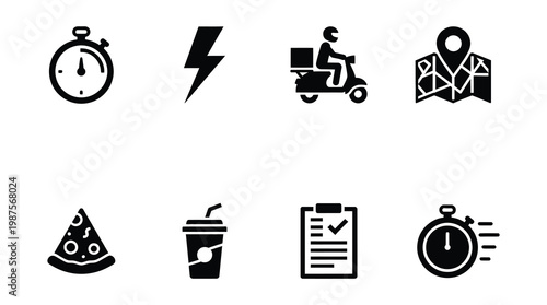 A set of icons representing delivery, food, productivity, and time management for business or marketing use.