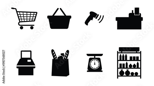 A collection of black and white icons representing various retail and shopping concepts, including a shopping cart, cash register, and grocery bag, on a white background.