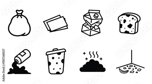 a set of black and white illustrations featuring fast food items and waste, including a trash bag, pizza, soda cup, and carton of milk, symbolizing unhealthy eating and environmental impact