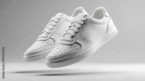Pair of white leather sneakers with untied shoelaces floating in air, isolated on transparent background for footwear mockup and fashion design.
