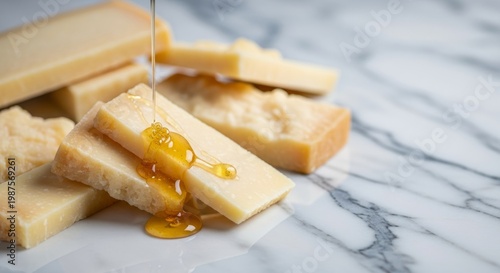 Parmesan cheese slices drizzled with honey on marble