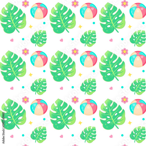 Seamless tropical summer pattern with monstera leaves, beach balls and flowers for vacation textile and beach decor