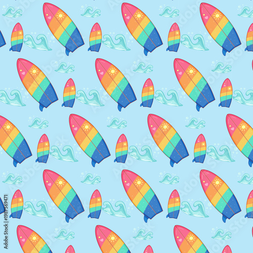 Seamless summer pattern with rainbow surfboards and ocean waves on blue background for beach textile and kids decor