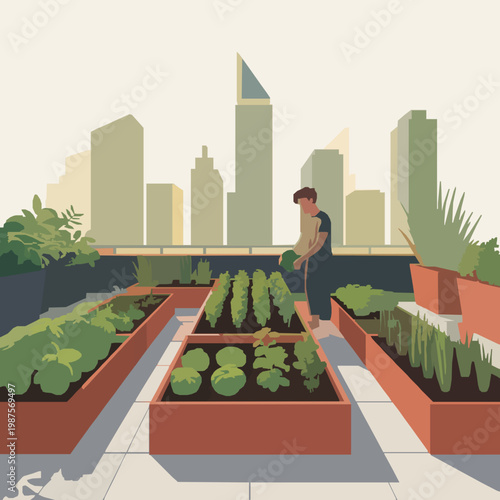 Rooftop urban garden with person watering plants and city skyline background