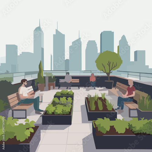 Diverse people urban farming on rooftop garden against cityscape background