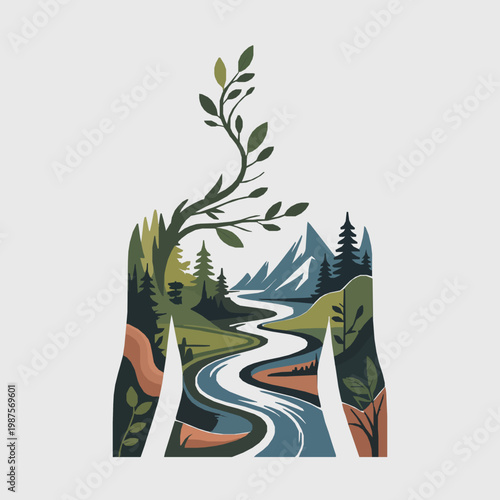 Human figure silhouette filled with vibrant forest river and mountain vista