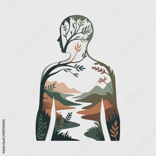 Human torso abstract filled with serene mountain and river landscape art