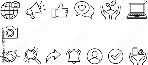 A collection of flat design icons representing various social media and communication concepts, suitable for marketing, advertising, and educational materials.