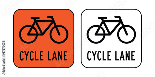 Cycle Lane Signs Vector Set Orange and Monochrome Bicycle Lane Icons, Bike Lane Road Signs Collection for Urban Cycling, Traffic Guidance and Road Safety Design