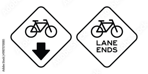 Bicycle Lane Ends Signs Vector Black White Set Bike Lane End Warning with Arrow and Text for Cycling Safety, Minimal Traffic Signage and Road Guidance Design