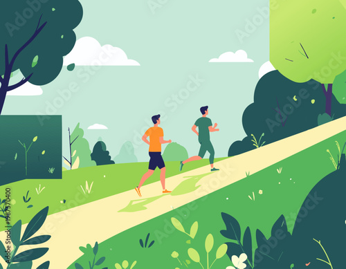  Personas corriendo en un sendero rodeado de naturaleza y árboles.
