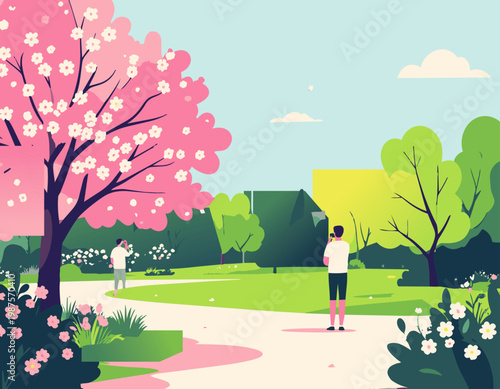  Persona caminando en parque con árboles en flor en estilo plano, ilustración vectorial.
