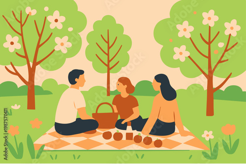  Personas sentadas en picnic rodeadas de árboles en estilo plano, ilustración vectorial.
