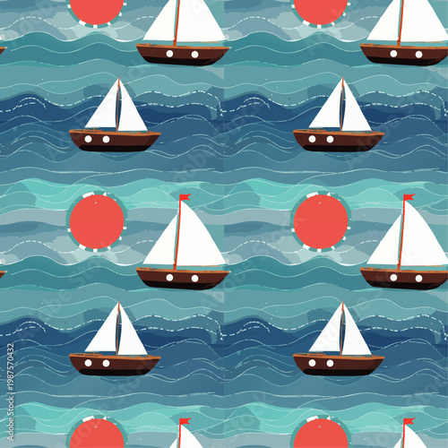 Patrón sin costuras con barcos sobre olas y elementos marinos en tonos azules.
