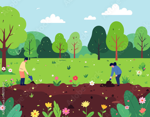  Personas trabajando en jardín plantando flores en estilo plano, ilustración vectorial colorida.
