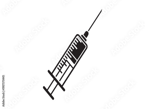 Black and white illustration of a medical syringe representing healthcare and vaccination concepts