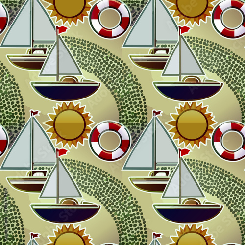 Patrón sin costuras con veleros, soles y flotadores en estilo veraniego decorativo.
