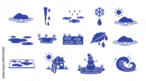 Flat design vector illustration of weather elements including rain, snow, sun, clouds, and wind. Ideal for weather forecasts, mobile apps, educational materials, and environmental campaigns.