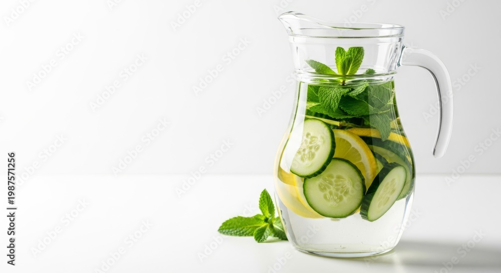 Fototapeta premium Refreshing cucumber lemon mint infused water in glass pitcher