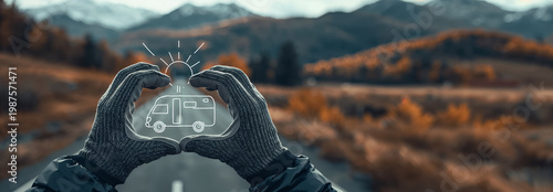 Male hands holding a drawn motorhome, picturesque landscape