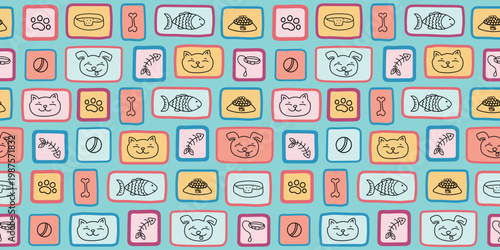 Pattern with cat and dog muzzles. Pets in frames, on tiles. Drawings, doodles. Pet goods, food, toys, and accessories for grooming and feeding cats and dogs. Seamless background. Wallpaper, decor.