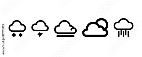 Minimal weather icon set: cloud with snow, thunderstorm, fog, partly cloudy, and rain. Black outline symbols in a row, isolated and clean flat design.