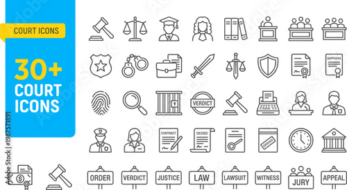 A collection of vector icons representing court and law symbols, suitable for legal, business, or educational materials.