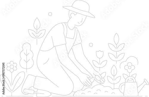 Gardener working with plants, person in hat and overalls cultivating garden, sowing seeds and watering, flat vector illustration.