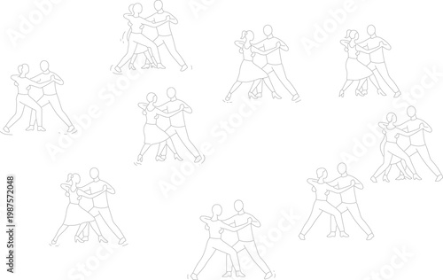 Dancing couples in various poses, tango dancers in different movements, pair dancing outline vector illustration collection.