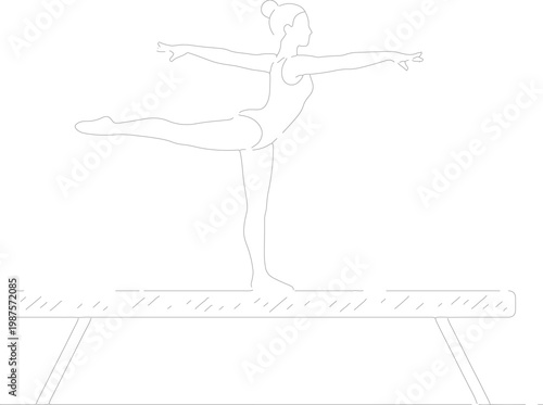 Gymnast on balance beam, female athlete performing on artistic gymnastics apparatus, acrobatic sport activity vector.