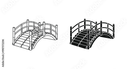 Two black and white illustrations of arched wooden bridges side by side