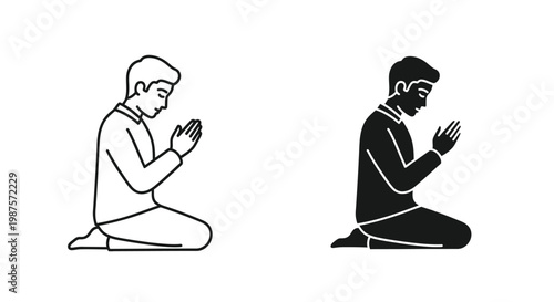 Two kneeling figures in prayer shown in contrasting black and white styles
