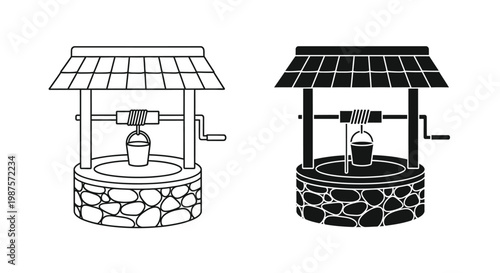 Two black and white illustrations of a classic wishing well structure