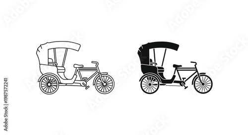 Two black and white illustrations of traditional rickshaw vehicles in profile
