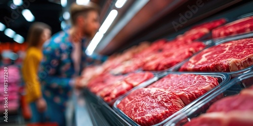 Couple selecting fresh raw beef steaks from a refrigerated display case at a supermarket